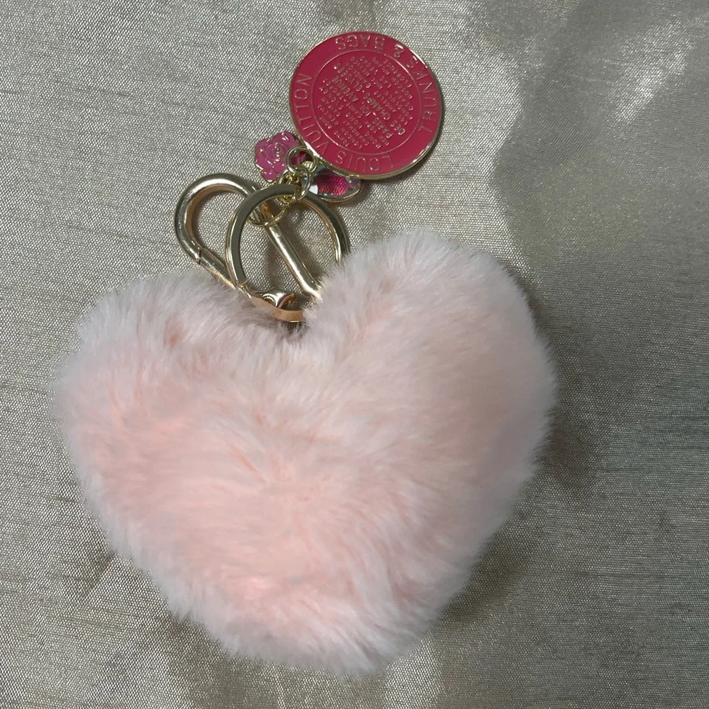 Pink Fluffy Heart Louis Viton Keychain Upcycled - Picture 2 of 3